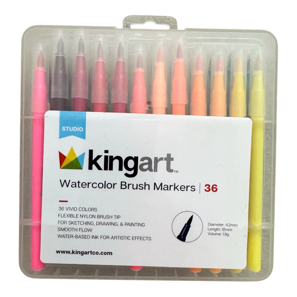 KINGART Watercolor Brush Markers Fine Tip Coloring Drawing 36 Color Pieces (NEW)